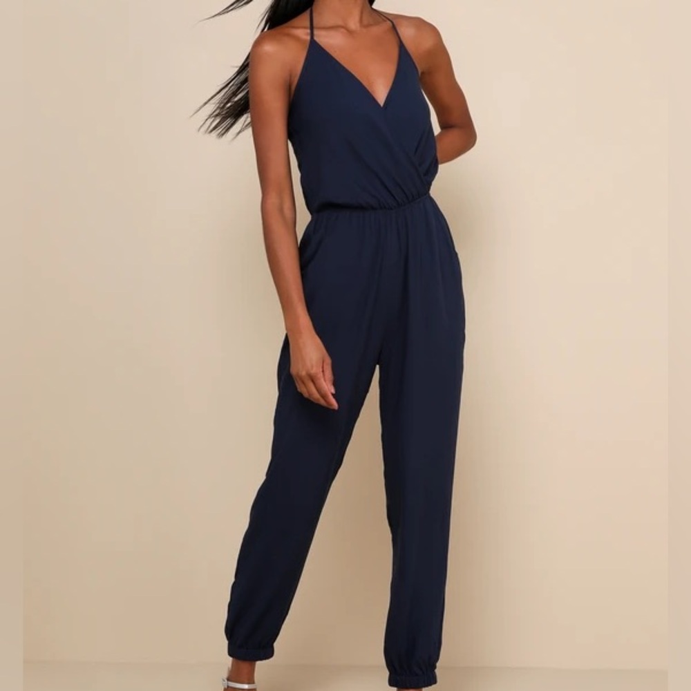 NWT never worn Lulus navy blue halter jumpsuit. Size small